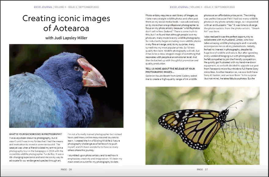 Animated page turn showing the Skrark Art feature in Excio Journal